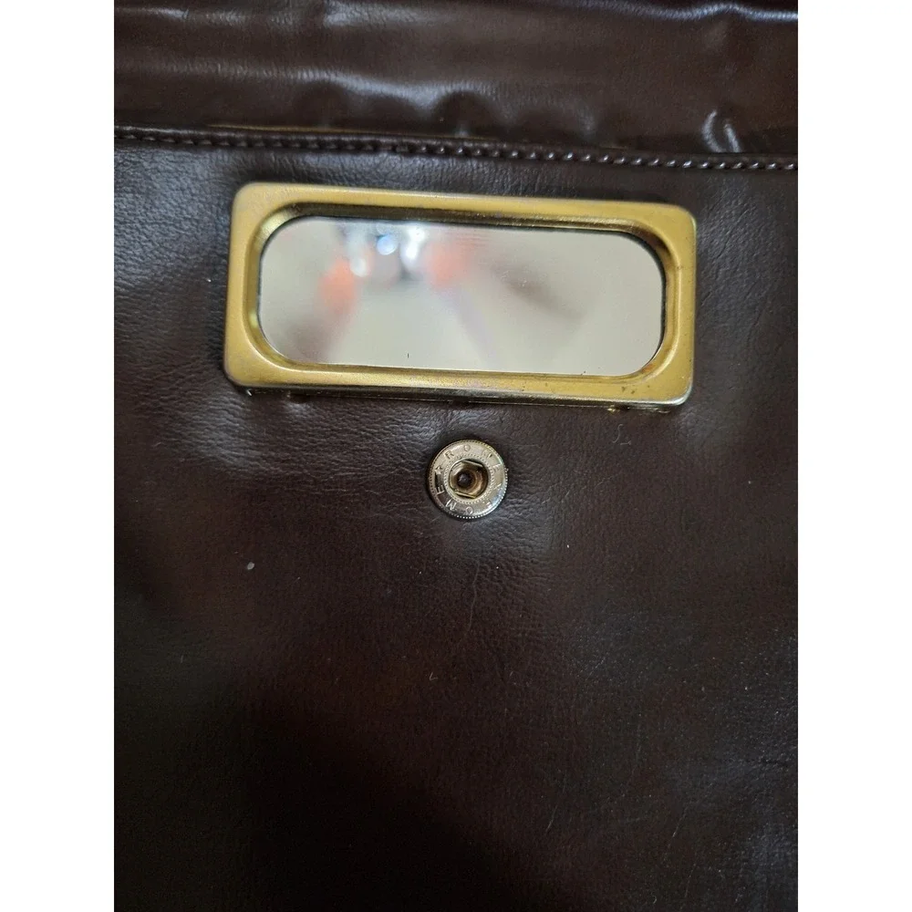Vintage Art Deco Dark Brown Faux Leather Envelope Clutch Bag with Mirror Accent